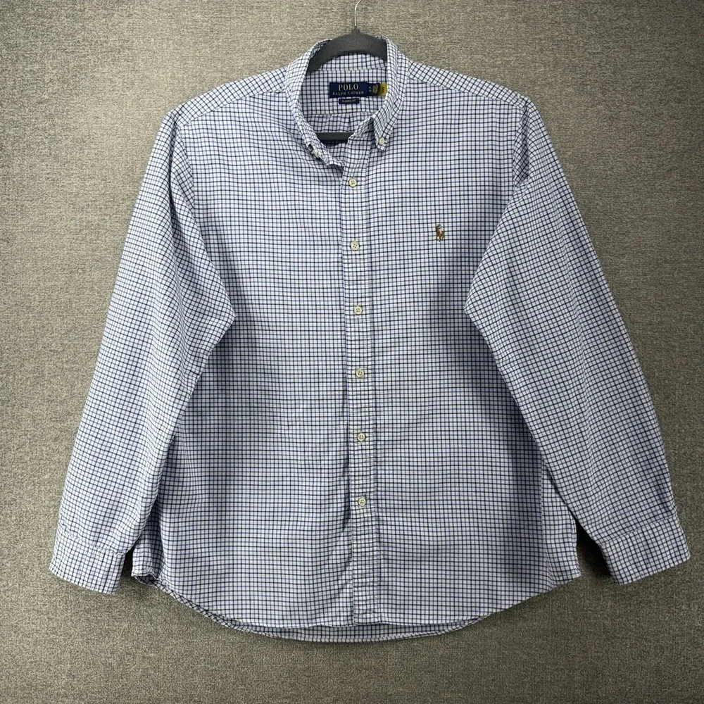Polo Ralph Lauren Classic Fit Shirt Men Size XL Blue Check Button Up Flesh Pony